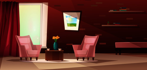 Cartoon illustration of an interior with  place for waiting in a beauty salon, hotel. Room for reading and relaxing at home with armchairs, a window on the floor and a curtain. Brick wall with shelves