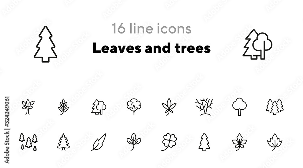 Poster leaves and trees line icon set. set of line icons on white background. nature concept. leaf, tree, f
