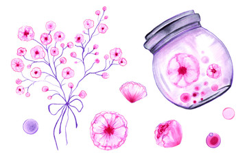 Flower set, drawn with markers and colored pencil. It is made in pastel colors, in can be used in design of wedding invitations and greeting cards, or as a print on fabric or tableware.