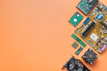 a view from above flat lay of computer components details on the colorful background