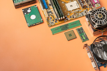 a view from above flat lay of computer components details on the colorful background