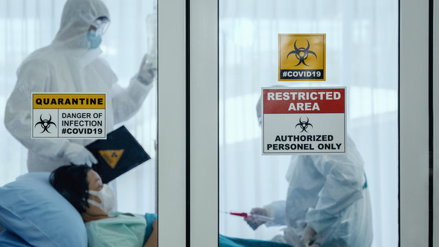 Coronavirus Covid 19 Infected Patient In Quarantine Room With Quarantine And Outbreak Alert Sign At Hospital With Disease Control Experts Make Disease Treatment, Coronavirus Covid 19 Disease Treatment