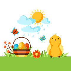 Happy Easter background with holiday items.