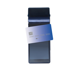 Obraz premium Modern blue payment terminal. Payment with card. Isolated on white.