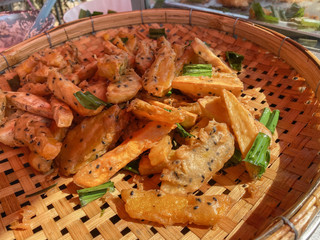 Close up Deep-fried sliced banana and potato of Thailand Snack.