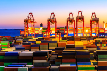 Industrial port container freight terminal at beautiful sunset in Shanghai,China.