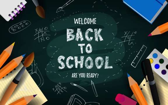 Back to school cute funny text with school supplies and educational elements. Concept design, banner, card, greeting. Vector illustration. 