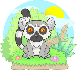 cartoon little cute lemur went for a walk, funny illustration