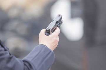 police, army and border police gun training. firing weapons and pistols. gun shooting exercise. detailed shots of gun, bullets and shells.