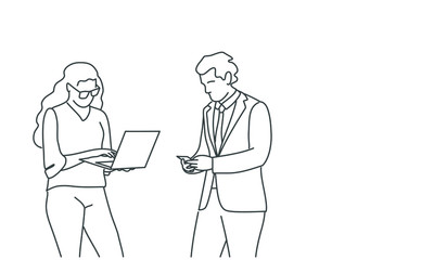 Line drawing illustration of business people. Woman using laptop. Man with mobile phone.