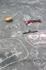Auckland Silo Park New Zealand. Children drawings on the street with crayons. A children step