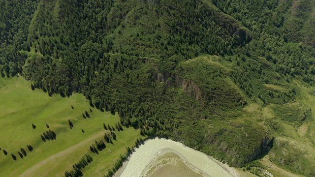 Forest Landscape Sunrise Over Water Cinematic Drone Footage Aerial Shot of a Pine Forest and River during Sunset in Europe National Park in 4K