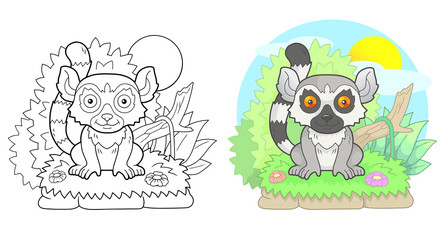 cartoon little cute lemur went for a walk, funny illustration © fargon