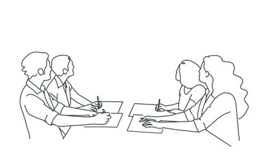 Line drawing illustration of business meeting at the table.