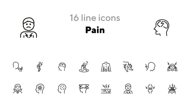 Pain Line Icon Set. Headache, Sore Throat, Stomach Ache. Health Care Concept. Can Be Used For Topics Like Illness, Disease, Symptoms