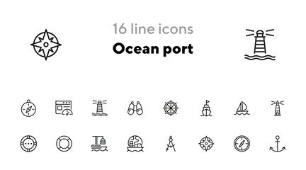 Ocean port line icon set. Boat, ship, lighthouse, compass. Marine concept. Can be used for topics like nautical navigation, sailing, ship - obrazy, fototapety, plakaty