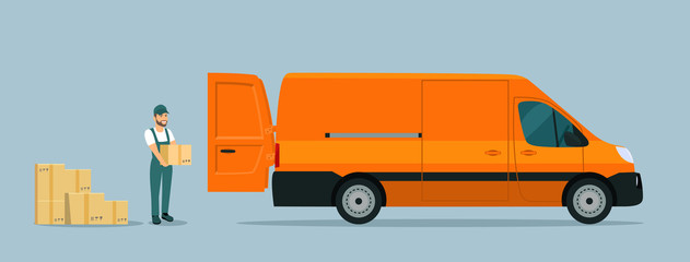 Worker loads boxes in a cargo van. Vector flat style illustration. © lyudinka