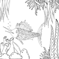Marlin fish. Vector illustration of sea animals. Сoloring book.
