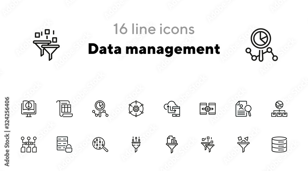 Poster data management line icon set. binary code, structure, storage, filter. information technology conce