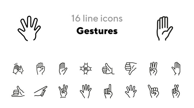 Gestures line icon set. Like, dislike, finger crossed. Gesturing concept. Can be used for topics like hand language, signs, communication
