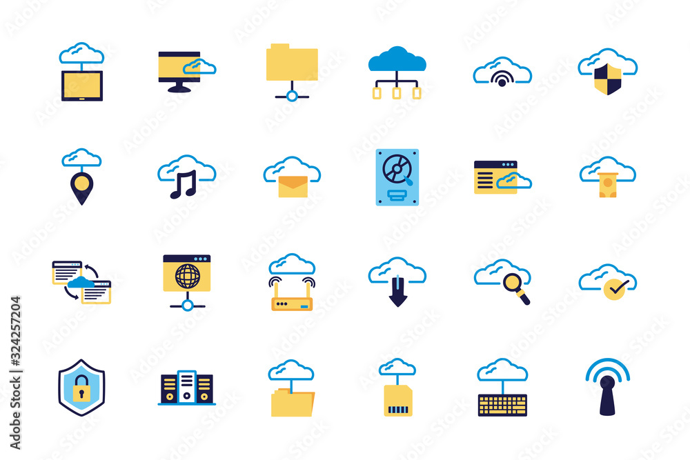 Poster bundle of cloud computing lineal colors style icons
