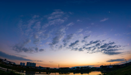 Super wide angle view of beautiful and amazing nature sunrise sky with clouds .