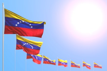 Obraz premium nice many Venezuela flags placed diagonal with soft focus and free place for text - any holiday flag 3d illustration..