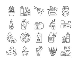 Aloe black line icons set. Care products with aloe extract for face and body. Slincare. Cosmetics. Pictogram for web page, mobile app, promo. UI UX GUI design element. Editable stroke.