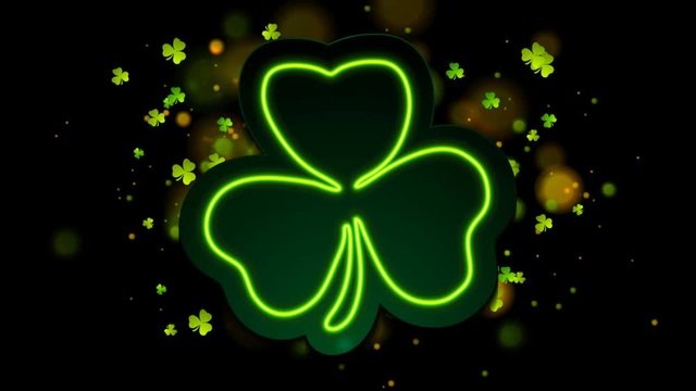 Irish neon shamrock clover with bokeh lights abstract motion background. Saint Patrick Day greeting design. Video animation Ultra HD 4K 3840x2160