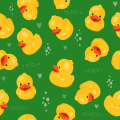 Yellow rubber duck seamless pattern. Fun kids background.
