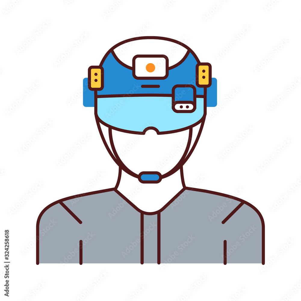 Poster augmented reality in military color line icon. man in vr helmet. pictogram for web page, mobile app,