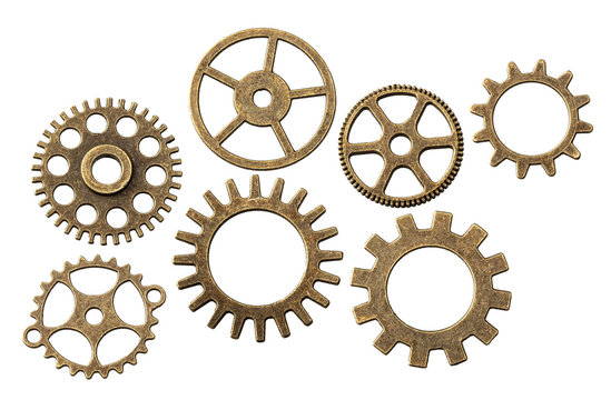 Set of old metal gears from clock isolated not white background