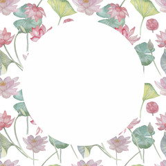 
Lotus flowers. Hand-drawn watercolor illustration. Sketch, doodle. Lake, meditation, oriental style. Plants nature, flowering, flora, spa, botany. Pink color