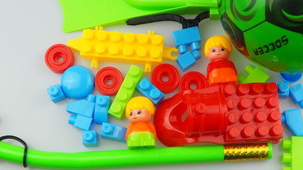 Top view on multicolor toy  on white  background. Children toys .