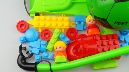 Top view on multicolor toy  on white  background. Children toys .