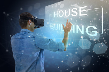 Into virtual reality world. Man wearing goggle headset. Future technology. 3D rendering