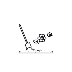 Gardening concept vector icon with soil, shovel, flower, bee
