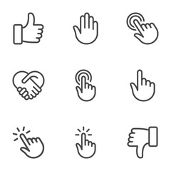 Hand gesture line icon set. Isolated vector illustration of human hands.