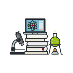 Scientific equipment, books and laptop computer vector illustration