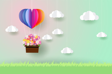 Fototapeta premium Colorful air balloon in the sky, paper art style
