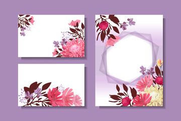 Art floral greeting card. Patterns with pastel yellow, pink, purple chrysanthemum, aster, peony, chocolate branches and leaves. Isolated vector flowers on white for card, template, invitation.