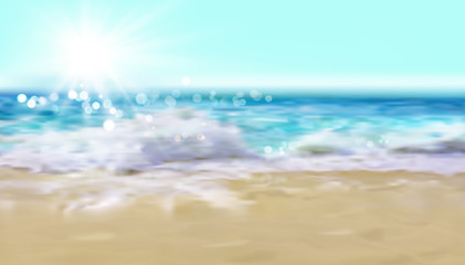 Fototapeta na wymiar An empty sandy beach in the early morning. Waves on the seashore. Summer. Dream vacation spot. Abstract vector illustration.