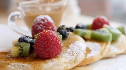 Pancakes With Berries And Fruits. Closeup.