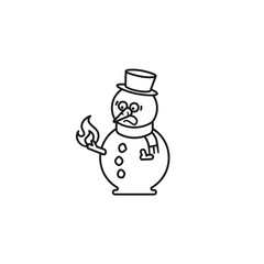 Frightened snowman with burning stick hand vector line  icon