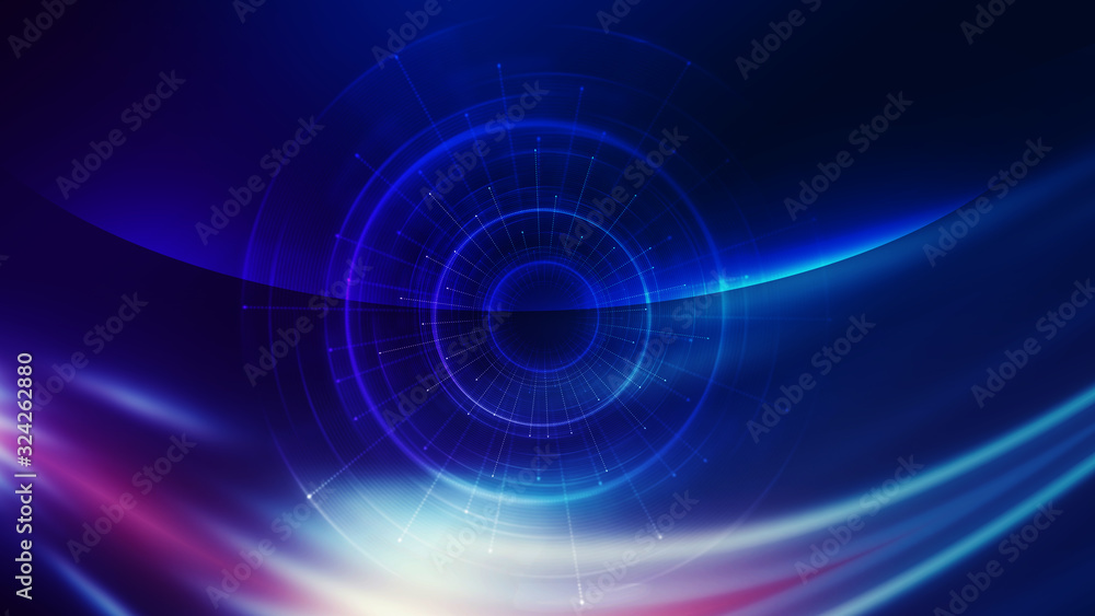 Poster dark tech abstract background with neon glow. cyber circle laser figure on abstract background