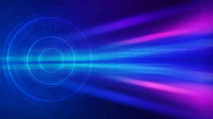 Dark tech abstract background with neon glow. Cyber circle laser figure on abstract background