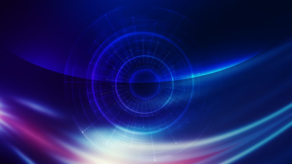 Dark tech abstract background with neon glow. Cyber circle laser figure on abstract background