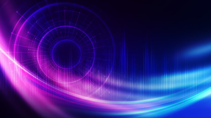 Dark tech abstract background with neon glow. Cyber circle laser figure on abstract background