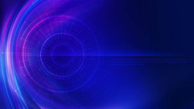 Fototapeta Dark tech abstract background with neon glow. Cyber circle laser figure on abstract background