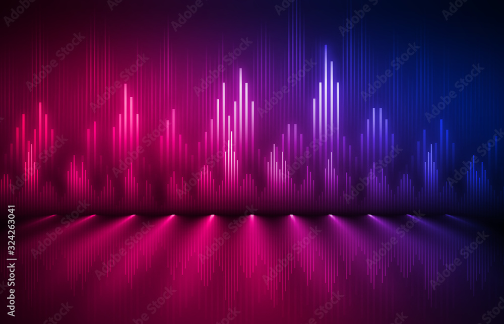 Poster Background of an empty show scene. Ultraviolet abstract background. Geometric Neon Shapes, Equalizer